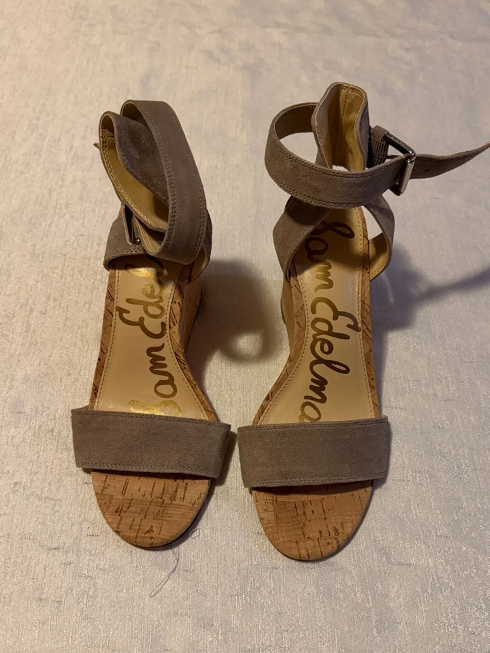 Sam Edelman Taupe Suede Ankle-Strap Cork Sandal Wedges
